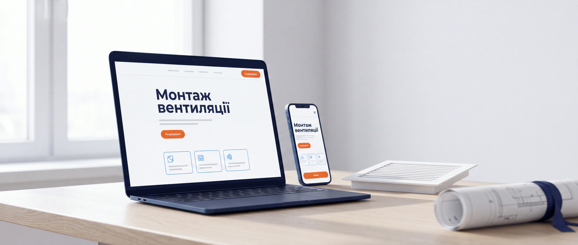 Ноутбук і смартфон на столі показують сайт монтажника вентиляції із заголовком «Монтаж вентиляції» та помаранчевою кнопкою «Розрахувати»; поруч вентиляційна решітка й згорнуте креслення